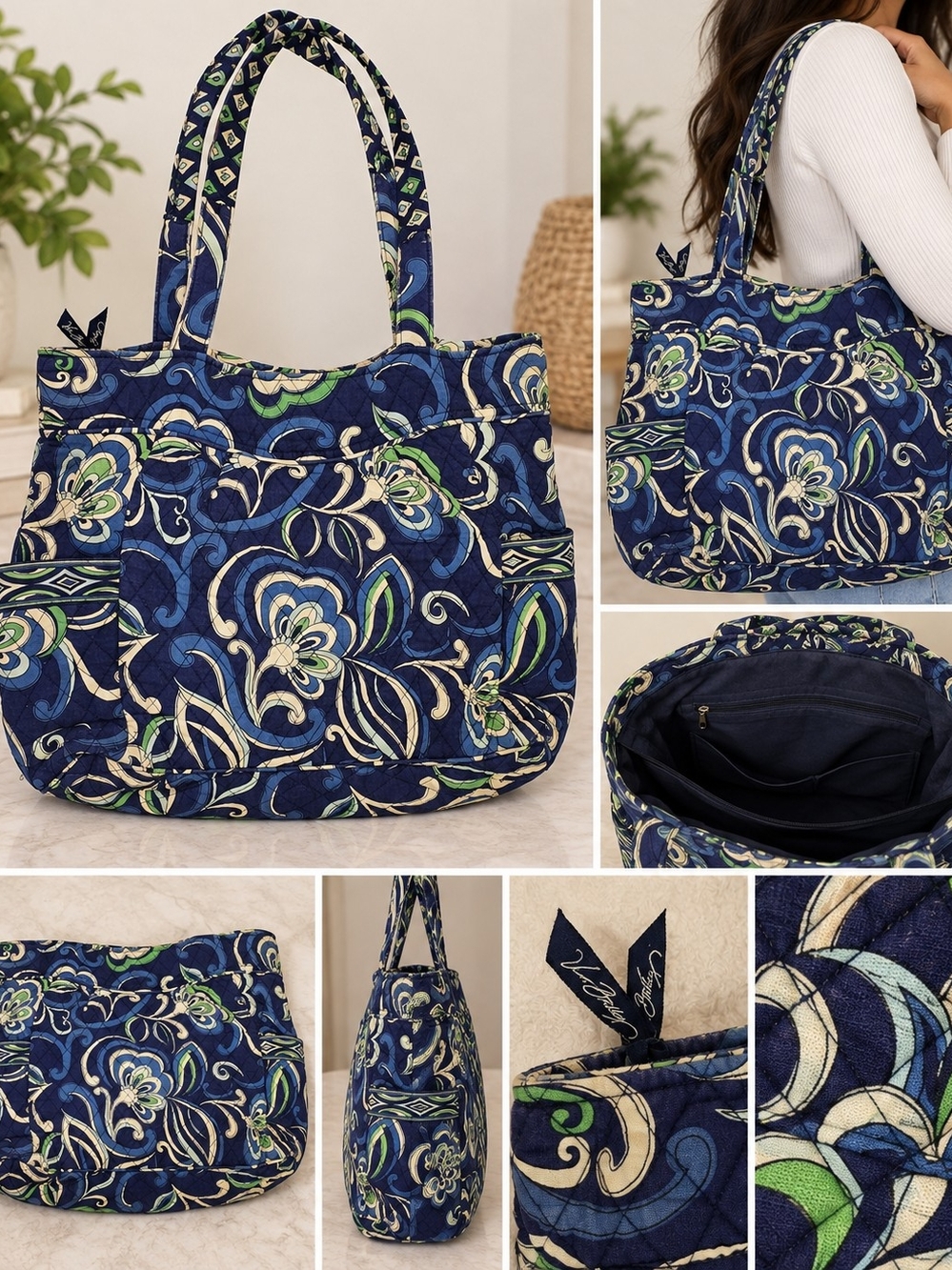 Vera Bradley Quilted Floral Tote in Navy, Green & Cream